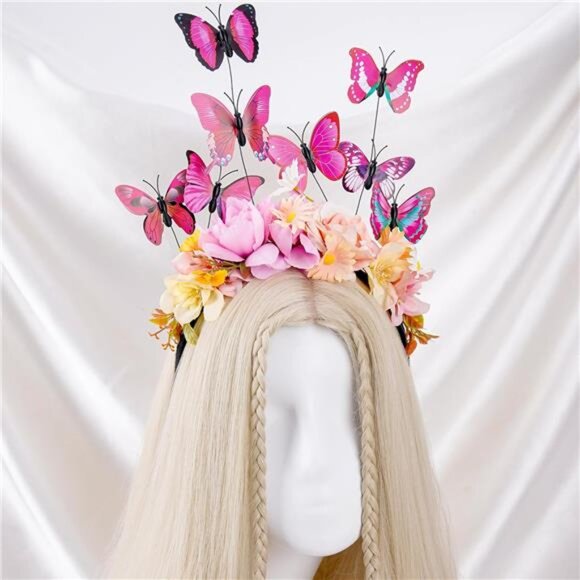 Pink Butterfly Fascinator Headband | Monarch Flower Crown for Women, Tea Party - Picture 5 of 6
